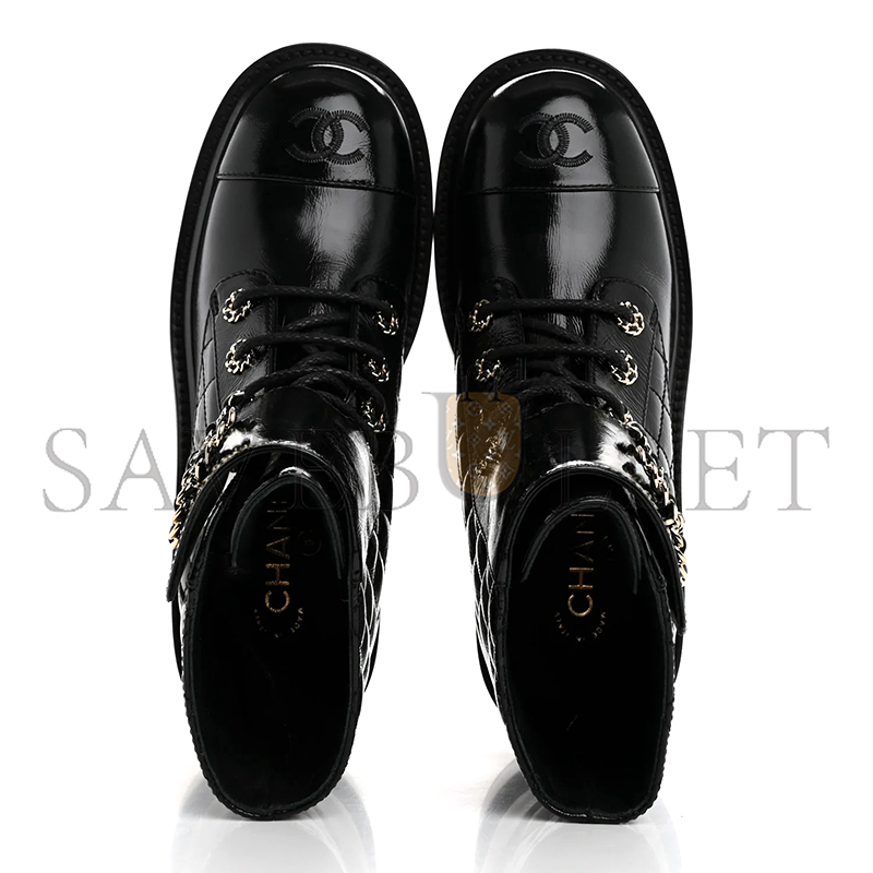 CHANEL SHINY CALFSKIN QUILTED LACE UP COMBAT BOOTS G36424
